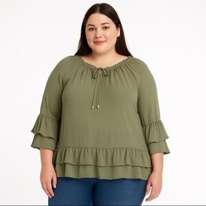 CURE. Sage Green Ruffle Peasant Blouse, 1X